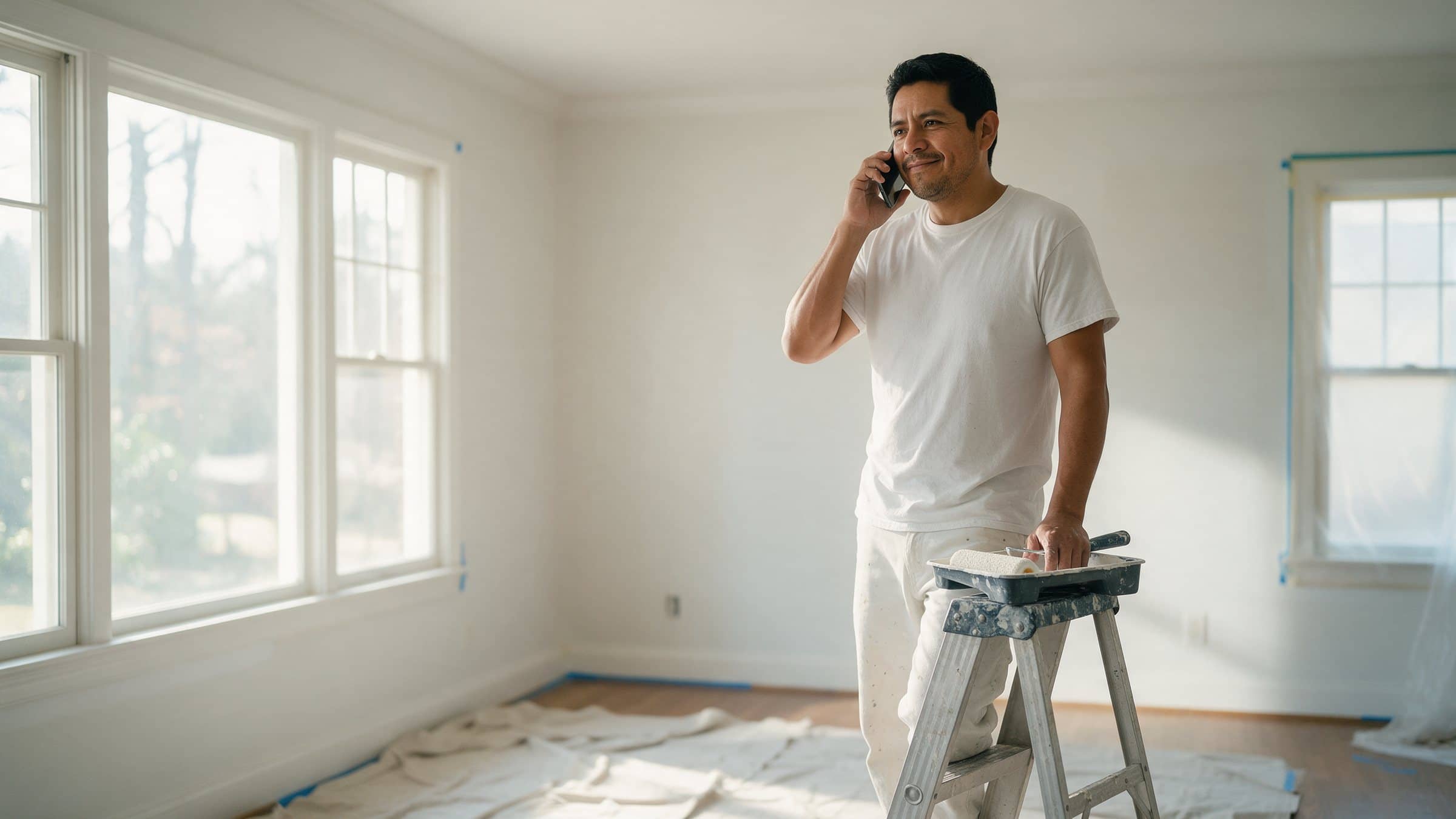 A painter answers his phone in a freshly painted living room, ladder and roller beside him.