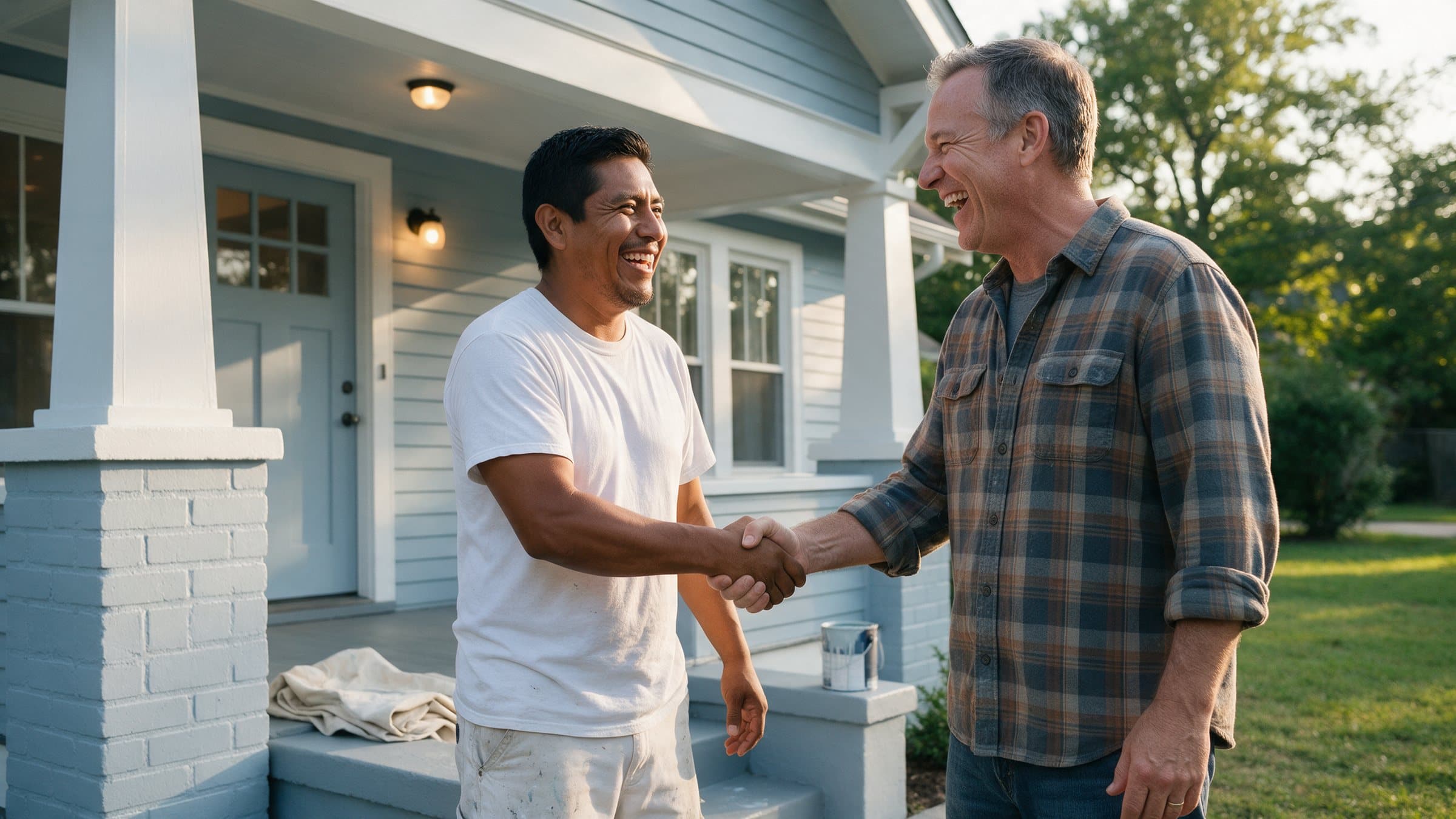 The contractor and his client shake hands on the porch of the freshly painted house.