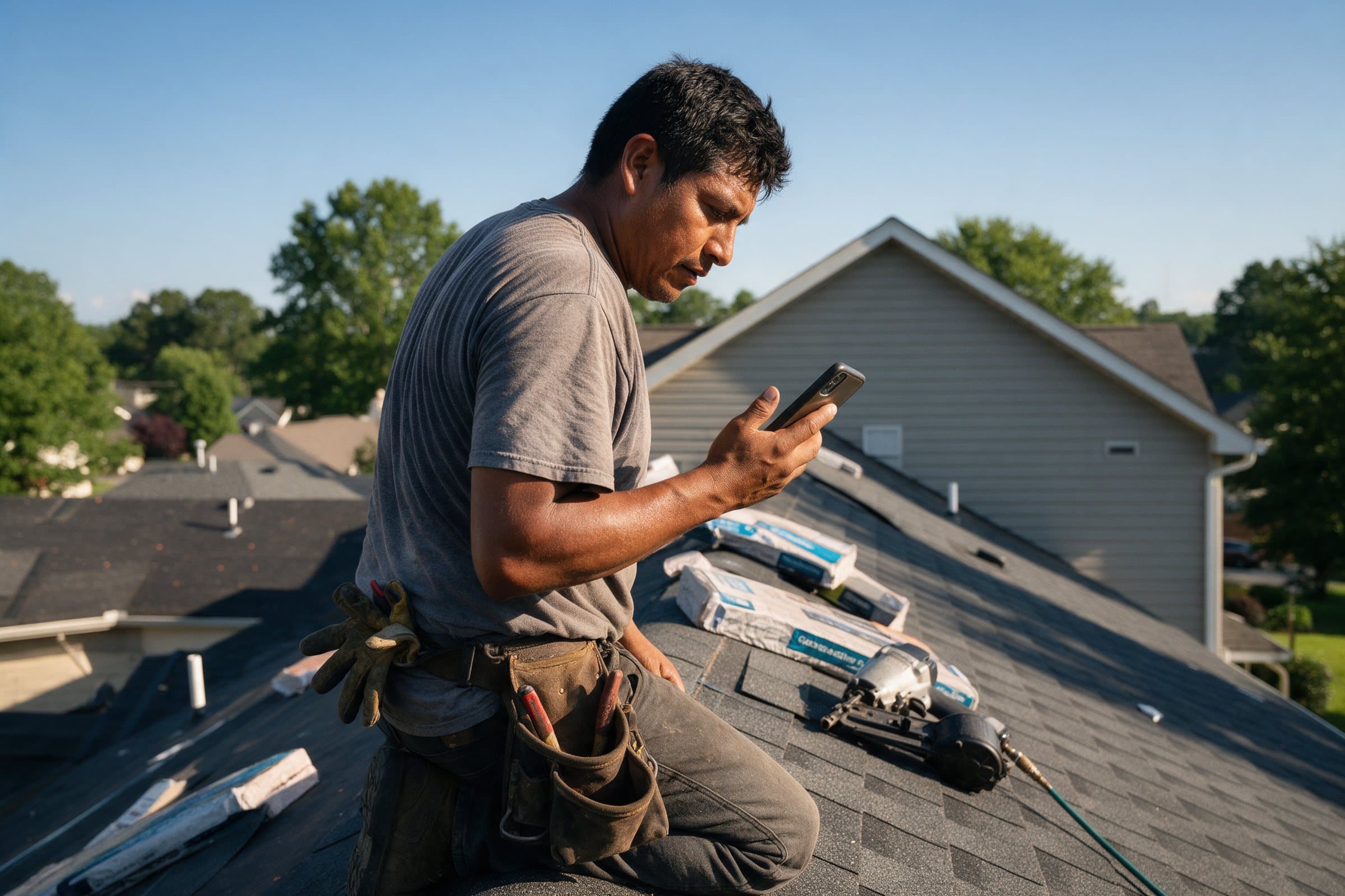 A roofer looks at his ringing phone on a roof in Tennessee.